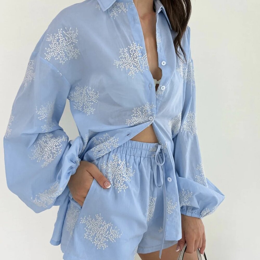 Commense Semi-Sheer Plant Embroidery Casual Shorts Set Size Large